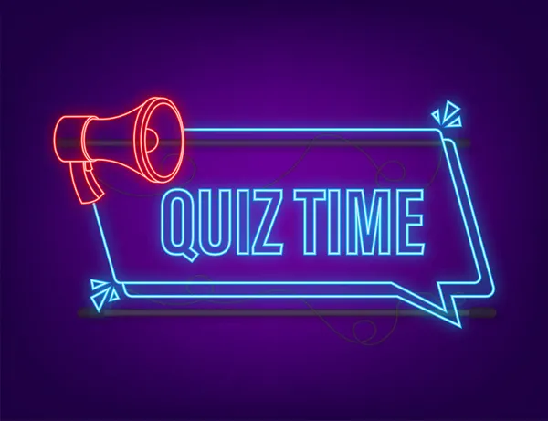 Megafoon banner - Quiz tijd. Neon icoon. Vectorillustratie — Stockvector