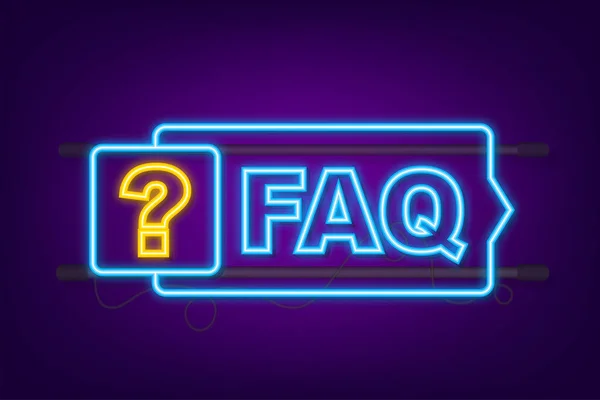 Foire aux questions FAQ bannière. Icône néon. Ordinateur avec icônes de question. Illustration vectorielle — Image vectorielle