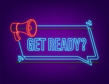 Megafonla hazırlan. Megafon neon pankartı. Web tasarımı. Vektör stok illüstrasyonu