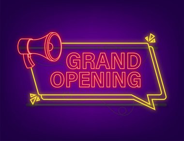 Neon büyük açılışı olan megafon etiketli. Megafon bayrağı. Web tasarımı. Vektör stok illüstrasyonu