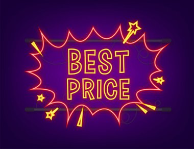 En iyi fiyat yazılı komik konuşma baloncukları. Neon simgesi. Sembol, etiket, özel teklif etiketi, reklam rozeti. Vektör stok illüstrasyonu