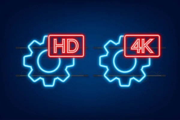 HD e 4K sinais de configurações de vídeo. Ícone de néon. Ilustração do estoque vetorial —  Vetores de Stock