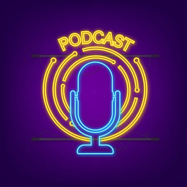 Podcast neon ikonu. Rozet, simge, pul, logo. Neon simgesi. Vektör stok illüstrasyonu — Stok Vektör