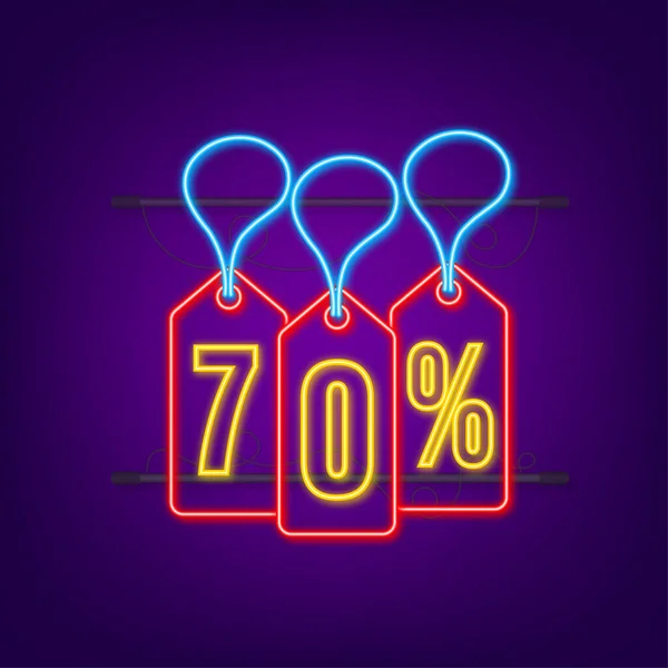 70 Prozent AUS Sale Discount Neon Tag. Preisschild mit Rabattangeboten. 70 Prozent Rabattförderung flaches Symbol mit langem Schatten. Vektorillustration — Stockvektor