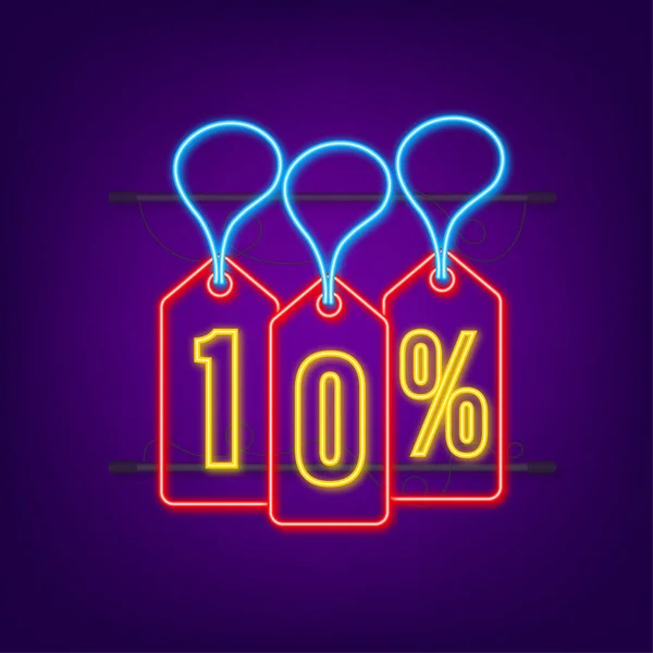 10% OFF Sale Discount neon 태그입니다. 할인 가격표를 제시 한다. 10 퍼센트의 사람들이 긴 그림자가 있는 플랫 아이콘을 할인 합니다. 벡터 일러스트 — 스톡 벡터