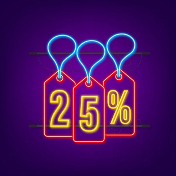 25 per cento OFF Vendita Sconto neon tag. Sconto offerta prezzo tag. 25% sconto promozione icona piatta con lunga ombra. Illustrazione vettoriale. — Vettoriale Stock