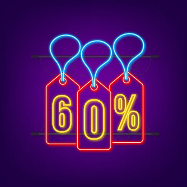 60 Prozent AUS Sale Discount Neon Tag. Preisschild mit Rabattangeboten. 60 Prozent Rabattförderung flaches Symbol mit langem Schatten. Vektorillustration — Stockvektor