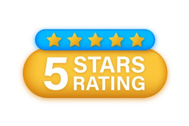 5 yıldız puanı. Beyaz arkaplanda simgeler olan bir rozet. Vektör stok illüstrasyonu.