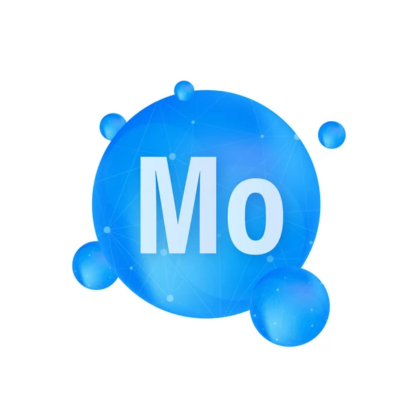Mineral Mo Molybdän blau glänzende Pille Kapsel Symbol. Substanz für Schönheit. Molybdän-Mineral-Komplex. — Stockvektor