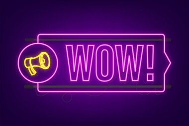 Vay be megafon. Neon vektör çizimi. Terfi teklifini açıkla. İnsanlar iletişim