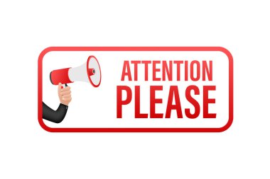 Megafon afişi ve dikkat lütfen. Kırmızı Dikkat lütfen imza simgesi. Ünlem tehlike işareti. Simgeyi uyar. Vektör stok illüstrasyonu