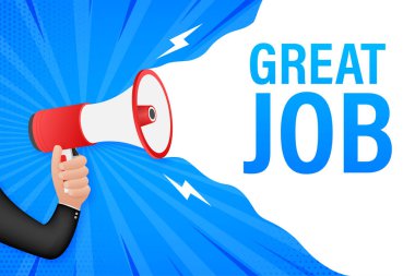 Harika bir işi olan el ele tutuşan megafon. Megafon bayrağı. Web tasarımı.