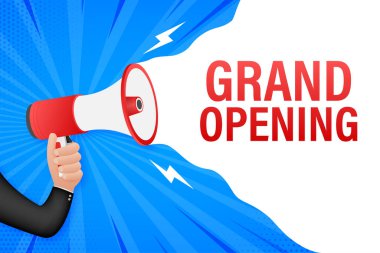Büyük açılışı olan megafon etiketi. Megafon bayrağı. Web tasarımı. Vektör stok illüstrasyonu