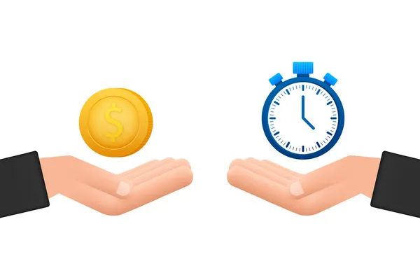 El tiempo es dinero, la mano es un cronómetro. Cambio de divisas. Ilustración de stock vectorial. — Vector de stock