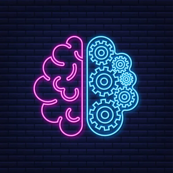 Agy. Digitális agy a kézben. Neurális hálózat. IQ teszt. Brainstorm gondolj ötlet neon jel. Vektorállomány illusztrációja. — Stock Vector