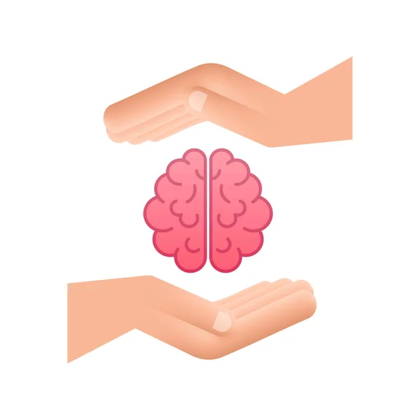 Concepto de psicología, emoción y psicoterapia. La mano humana sostiene el cerebro humano. Ilustración de stock vectorial. — Vector de stock