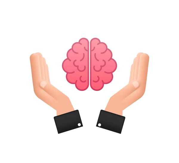 Concepto de psicología, emoción y psicoterapia. La mano humana sostiene el cerebro humano. Ilustración de stock vectorial. — Vector de stock