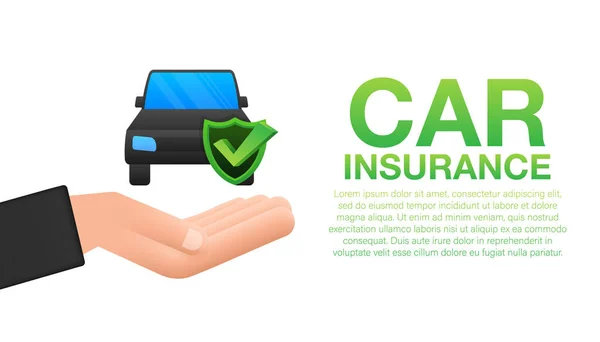 Car insurance contract document over hands. Shield icon. Protection. Vector stock illustration — Stock Vector