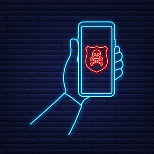 Attacco. Smartphone con bolla vocale e teschio e ossa incrociate sullo schermo. Minacce, malware mobile, messaggi spam al neon. Illustrazione dello stock vettoriale — Vettoriale Stock