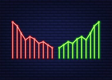 Kâr, zarar ve bütçe. Nakit ve yükselen grafik oku, iş başarısı kavramı. Sermaye kazancı, kazanç, neon. Vektör stok illüstrasyonu