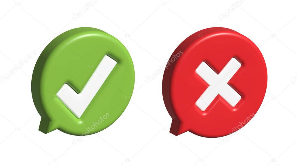 Check marks yes and no, check mark icon symbol. 3D stock illustration.