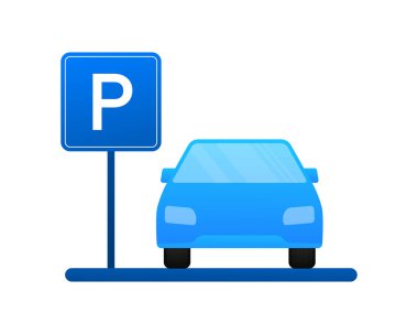 Mavi park yeri şablonu. Logo, simge, etiket. Beyaz arka plana park ediyorum. Web elemanı. Vektör stok illüstrasyonu