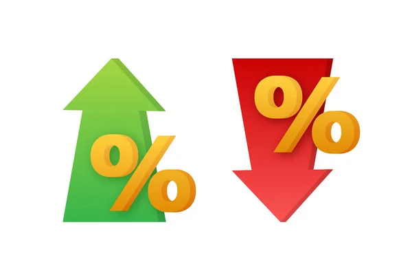 Prozentsatz mit Pfeil nach oben und unten. Banken, Kredite, Zinssätze. Vektoraktiendarstellung. — Stockvektor