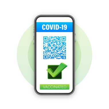 Akıllı telefondan dijital aşı sertifikası. QR kodlu telefon ekranı ve geçiş işareti aşılandı. Sağlık pasaportu. Vektör stok illüstrasyonu.