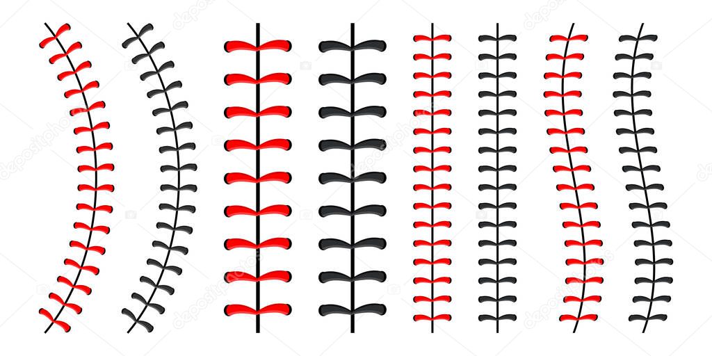 Baseball ball stitches, red lace seam isolated on background.