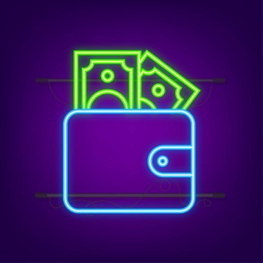 Para, finans ve ödemeler. Ana hatlı web simgesini ayarla. Neon tarzı. Vektör illüstrasyonu.