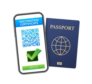 Akıllı telefondan dijital aşı sertifikası. QR kodlu telefon ekranı ve geçiş işareti aşılandı. Sağlık pasaportu. Vektör stok illüstrasyonu.
