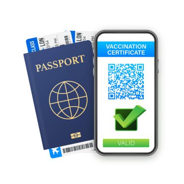 Akıllı telefondan dijital aşı sertifikası. QR kodlu telefon ekranı ve geçiş işareti aşılandı. Sağlık pasaportu. Vektör stok illüstrasyonu.