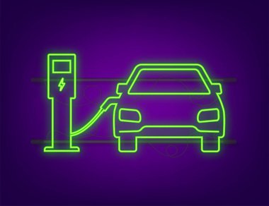 Elektrikli araç ikonu şarj ediyor. Ev ücreti. Elektrikli araba. Neon simgesi. Vektör illüstrasyonu