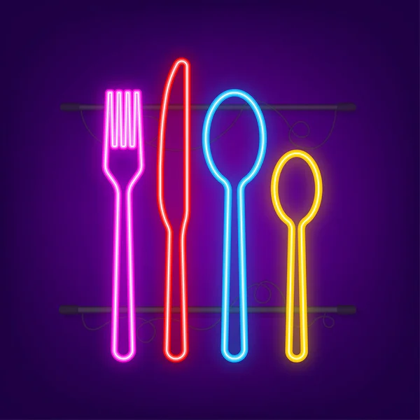 Cuillère couteau à fourchette icône, symbole du restaurant. Icône néon. Illustration vectorielle — Image vectorielle