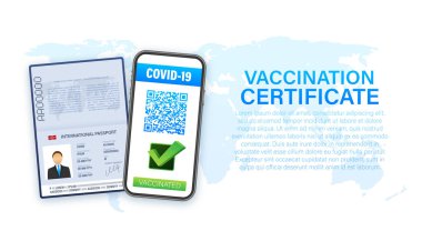 Akıllı telefondan dijital aşı sertifikası. QR kodlu telefon ekranı ve geçiş işareti aşılandı. Sağlık pasaportu. Vektör stok illüstrasyonu.