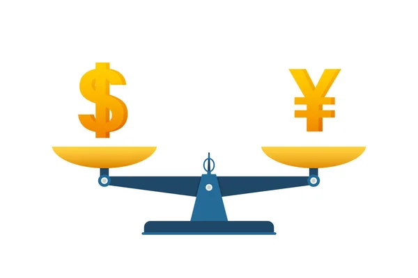 Money exchange on scales icon. Lira and dollar balance on scale. Vector stock illustration. —  Vetores de Stock