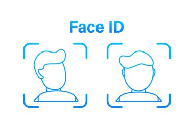 Yüz tanıma konsepti. Web afişi, bilgi grafikleri, kahraman resimleri için kullanılabilir. Çizgi tarzı. Vektör illüstrasyonu.