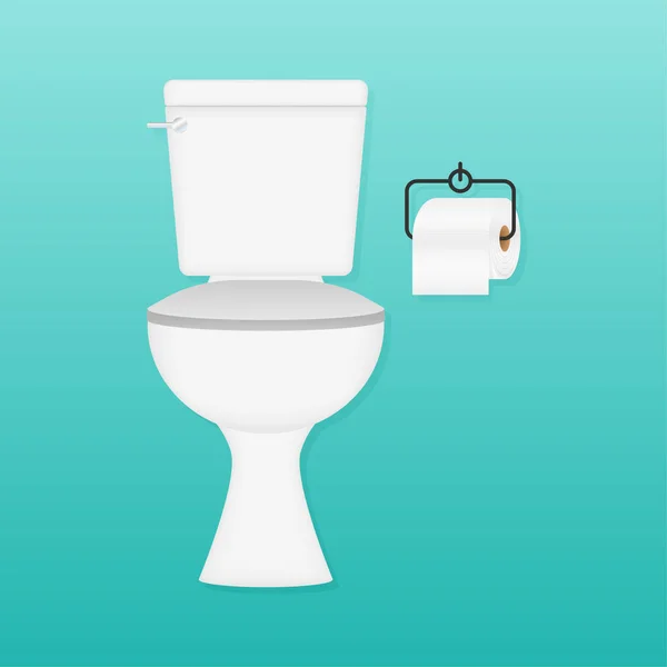 Cerâmica branca limpa vaso sanitário com papel higiênico na parede. Casa de banho. Ilustração do estoque vetorial. —  Vetores de Stock