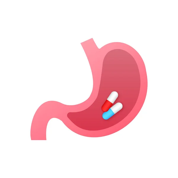 Tomando pastillas para el estómago. Endoscopio en el estómago a través del esófago. Ilustración de stock vectorial. — Vector de stock