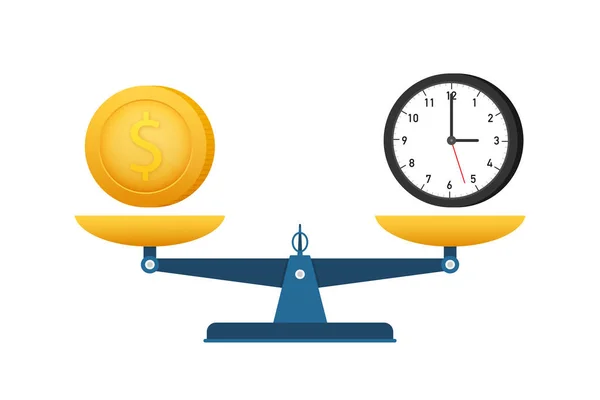 El tiempo es dinero en escala icono. Dinero y balance de tiempo a escala. Ilustración de stock vectorial. — Vector de stock