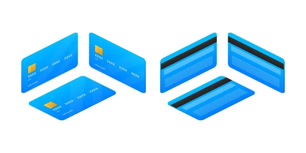 Plantilla de tarjeta de crédito plana azul sobre fondo blanco. Vista isométrica. Ilustración vectorial. — Vector de stock