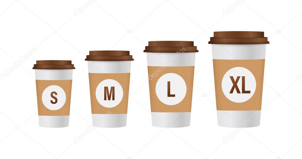 Flat template with size coffee cups on white background for paper design. Mockup template. Flat line vector illustration.