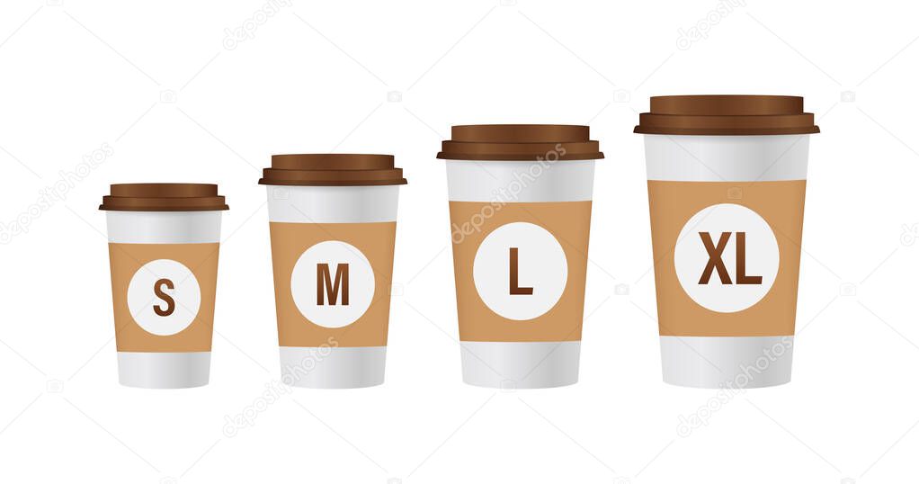 Flat template with size coffee cups on white background for paper design. Mockup template. Flat line vector illustration