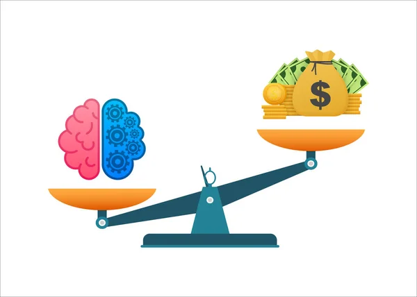 Voor conceptontwerp. Vector illustratie van het mechanisme om waarde van hersenwerk te vergelijken met geld op schaal.Geestelijke gezondheid concept. — Stockvector