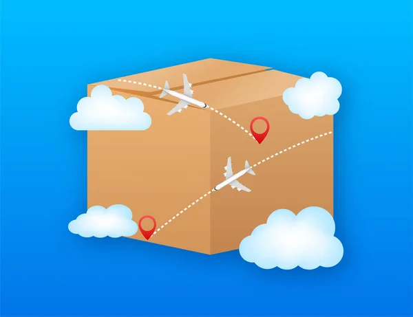 Vector concept. Modern cartoon illustration with flight delivery on blue background. — Stock Vector