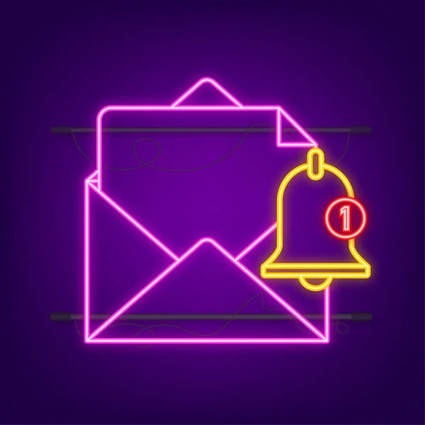 Ícone de sino e envelope de notificação para mensagem de caixa de entrada. Ícone de néon. Ilustração vetorial. — Vetor de Stock