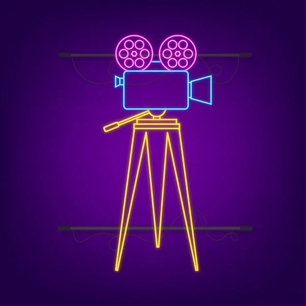 Movie time concept layout with film projector and text area with sample title in retro western font. Neon icon. Vector illustration. — Vettoriale Stock