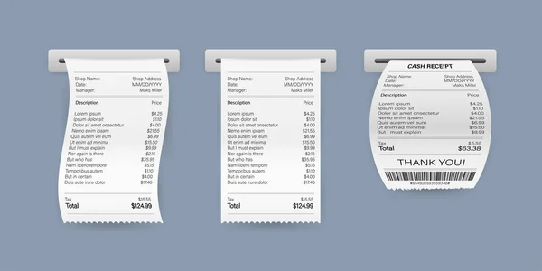 현금이나 신용 카드 거래에 대한 실제적 인 지불 통장의 예를 보여 주는 영수증 벡터 삽화. 벡터 주식 삽화. — 스톡 벡터