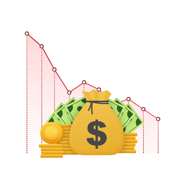 Ztráta. Cash with down arrow stocks graph, concept of financial crisis, market fall, bankruptcy. Obrázek vektorové populace. — Stockový vektor