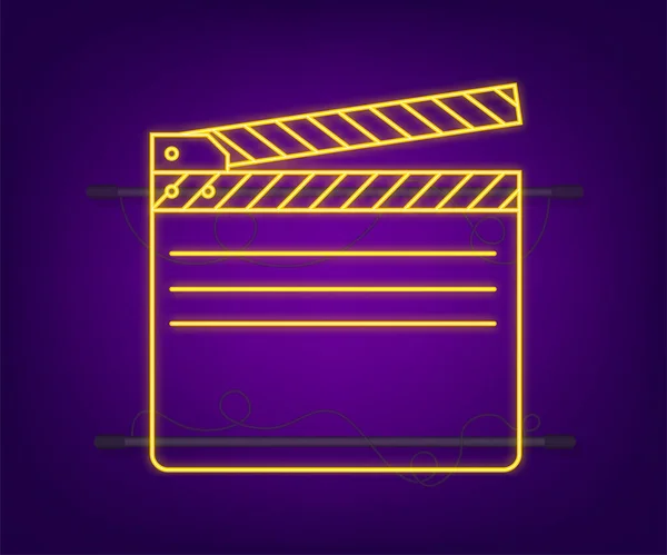 Black closed clapperboard. Neon icon. Yellow cinema slate board, device used in filmmaking and video production. — Vettoriale Stock